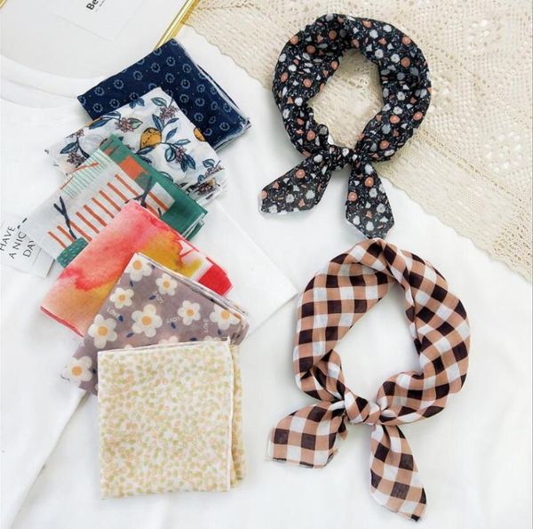 

scarves women elegant square scarf cotton linen small neckerchief female thin headscarf headband vintage all-match 58*58cm bandanas, Blue;gray