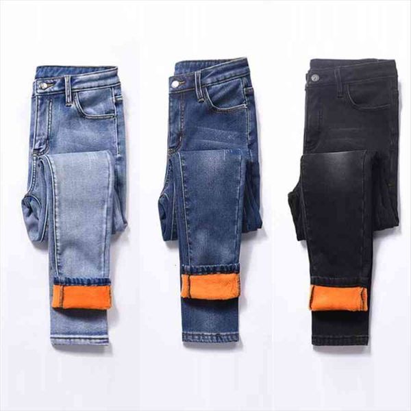

winter cotton elastic denim thick womens jeans fleece stretch warm skinny velvet pencil female trousers, Blue