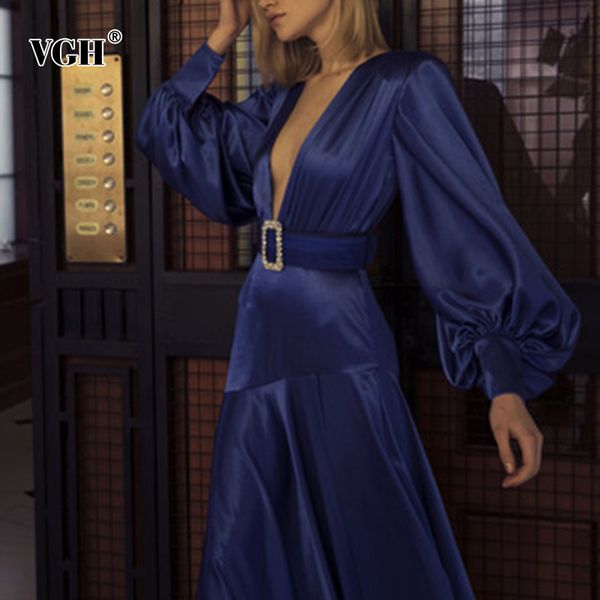 

vgh elegant bohemian dress for women v neck puff sleeves high waist belt patchwork diamonds dresses female spring fashion 210421, Black;gray