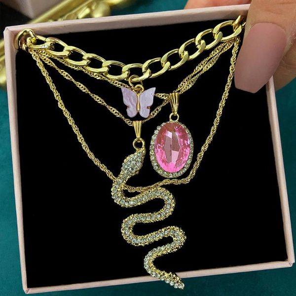 

bohemian crystal snake pendant necklace for women multilayer acrylic butterfly twisted chain choker punk jewelry gift chains, Silver