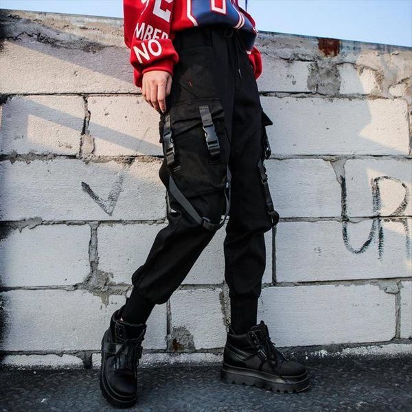 

casual black high waist cargo womens pants punk funny loose streetwear pencil harajuku fashion hip hop trousers, Black;white