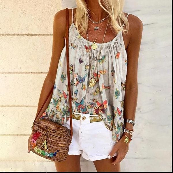 

summer fashion t women tanks shirt butterfly print sling large size loose vest beach ladies plus, White