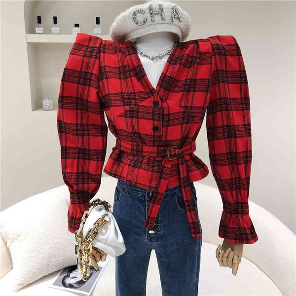 

jackets female temperature spring summer custom lace up to short waist chess shirt niche design breasted top, Black;brown