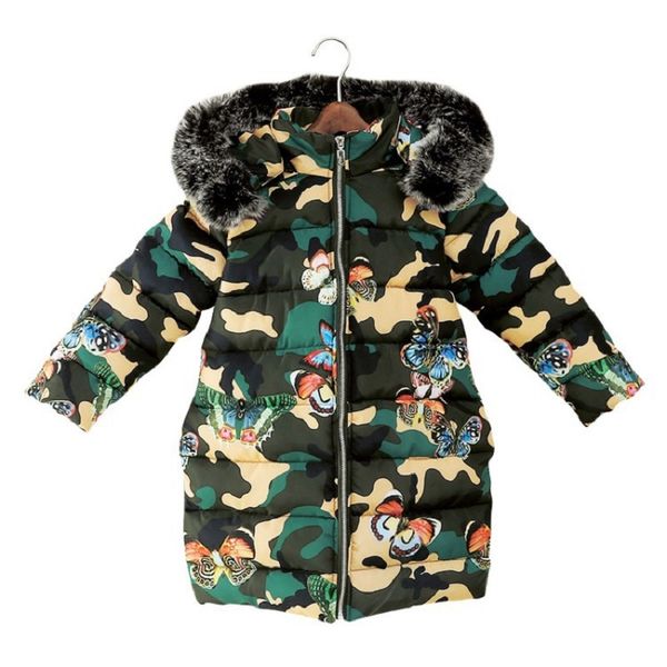 

childrens clothing coat winter girls camouflage cotton coat children thickening butterfly print fashion hooded jacket, Blue;gray