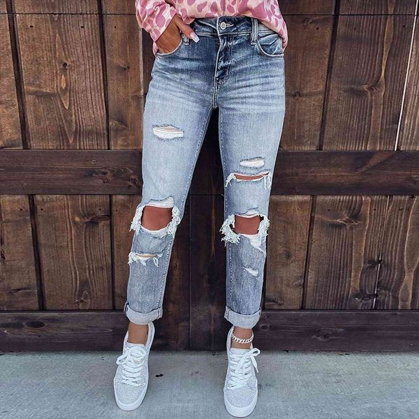 

56 blue ripped street style womens jean mid rise distressed trouser stretch skinny hole denim pencil pants