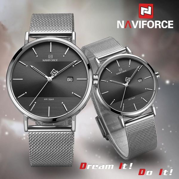 

wristwatches naviforce men women couple wristwatch waterproof man watch stainless steel fashion quartz male lady clock 3008, Slivery;brown