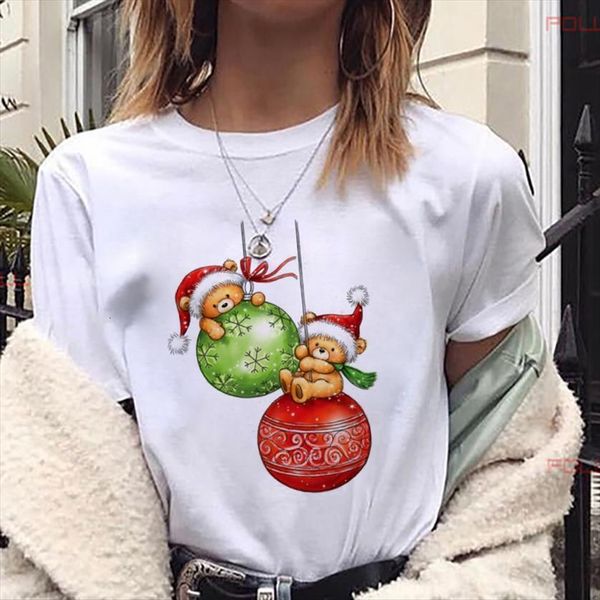 

kawaii bear christmas balls womens t shirts printed harajuku fashion female tee ladies xmas, White
