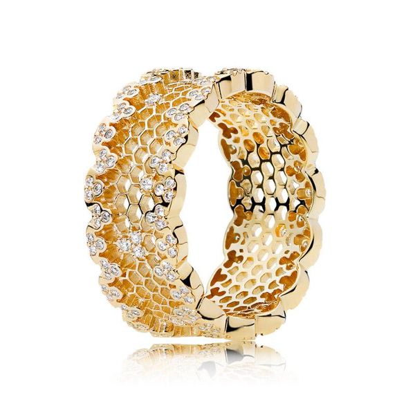 

cluster rings authentic 925 sterling silver pan ring open work golden shine honeycomb lace for women wedding party gift fine jewelry, Golden;silver