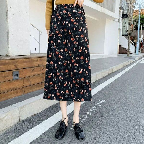 

skirts 2021 fashion corduroy a-line print skirt office lady big size vintage high waist mid-calf elegant female floral, Black
