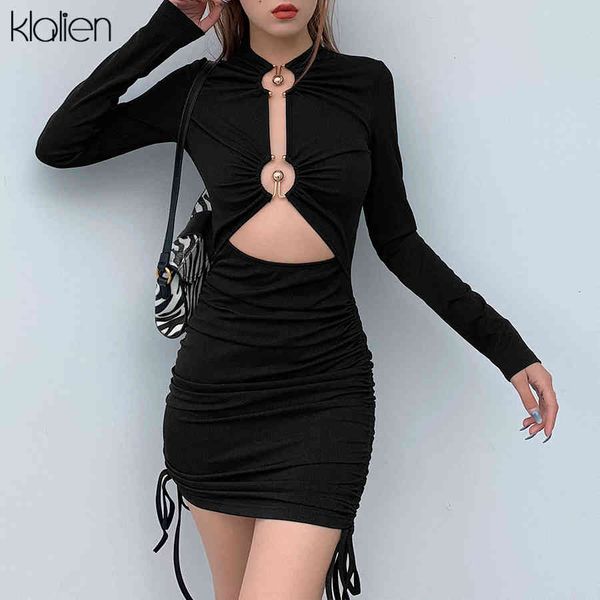 

dresses fashion hollow out black rib knit drawstring mini dress women spring 2021 new office lady casual simple clothes, Black;gray