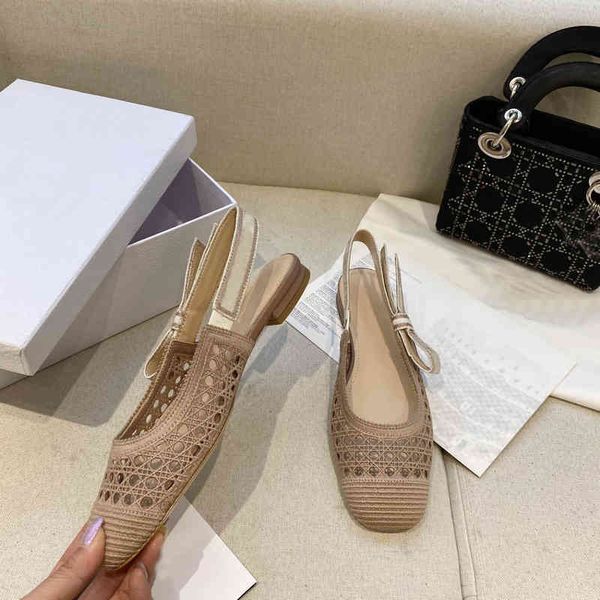 

dress shoes 21ss spring and summer slingback sandals hollow mesh rattan plaid three-dimensional embroidery pattern slingbacks flat, Black
