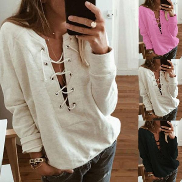 

women's hoodies & sweatshirts 2021 ladies v-neck webbing solid color fashion style womens casual shirt long sleevel c50, Black