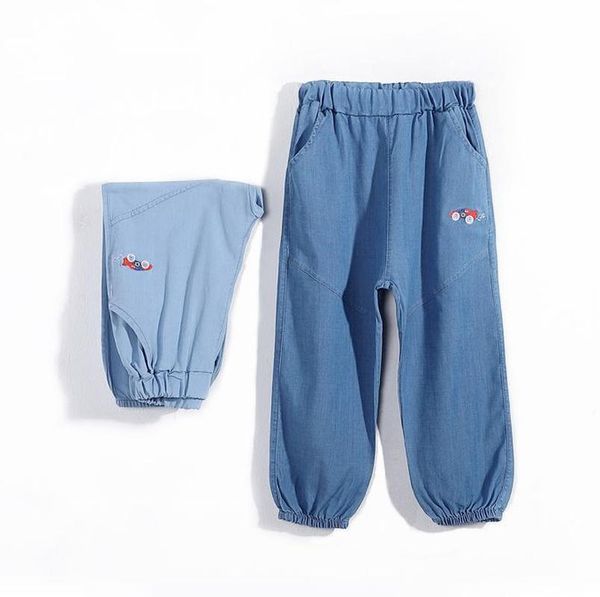 

children's jeans 2021 spring and summer models tencel denim anti-mosquito car embroidery belt pocket kids trousers kj16, Blue