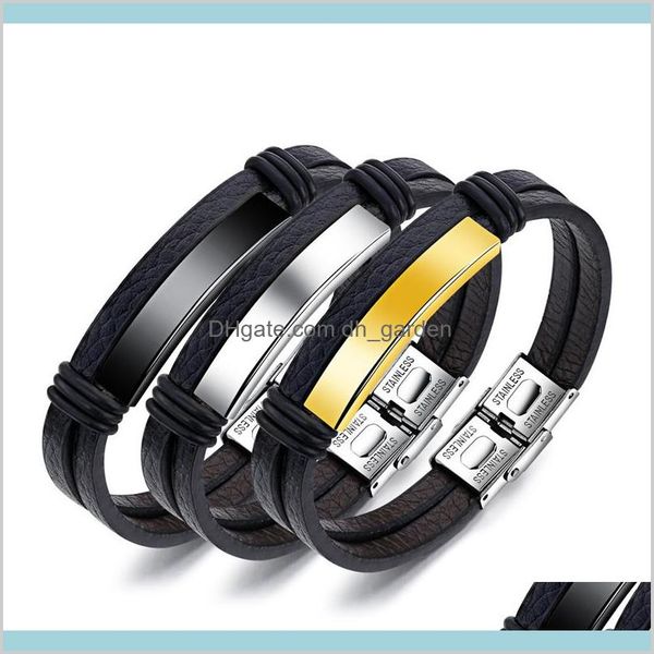 Identificazione Gioielli Drop Delivery 2021 Multi Strato Sier Oro Bracciali in pelle nera per uomo Donna Incisione in acciaio inossidabile Casual Per