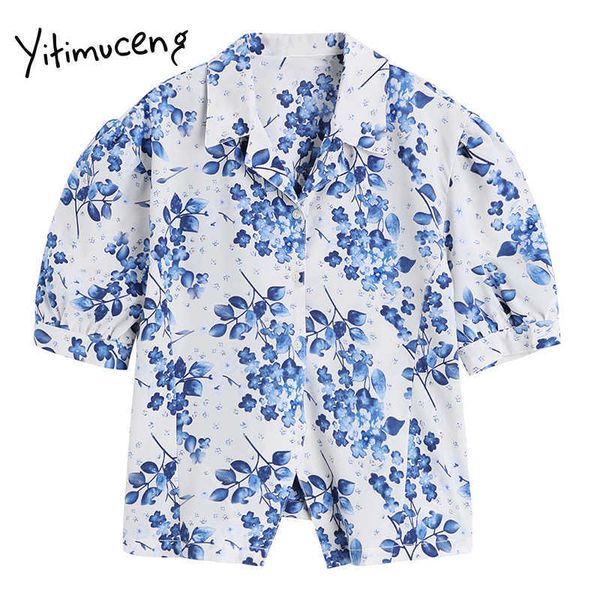 

yitimuceng floral print blouse women button up shirts puff sleeve turn-down collar straight summer korean fashion 210601, White