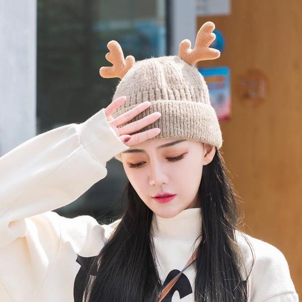 

wide brim hats cute women christmas hat 2021 winter solid 3d antlers thicken knitted warm soft fleece beanie bonnet hairball, Blue;gray