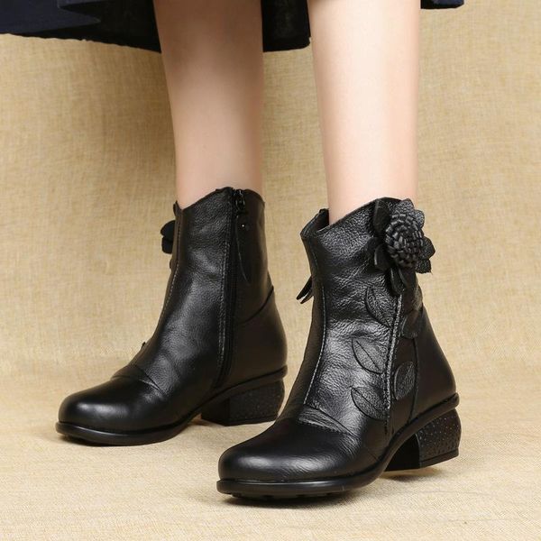

boots vintage casual ankle winter women shoes genuine leather retro high heels ladies side zipper thick heel, Black