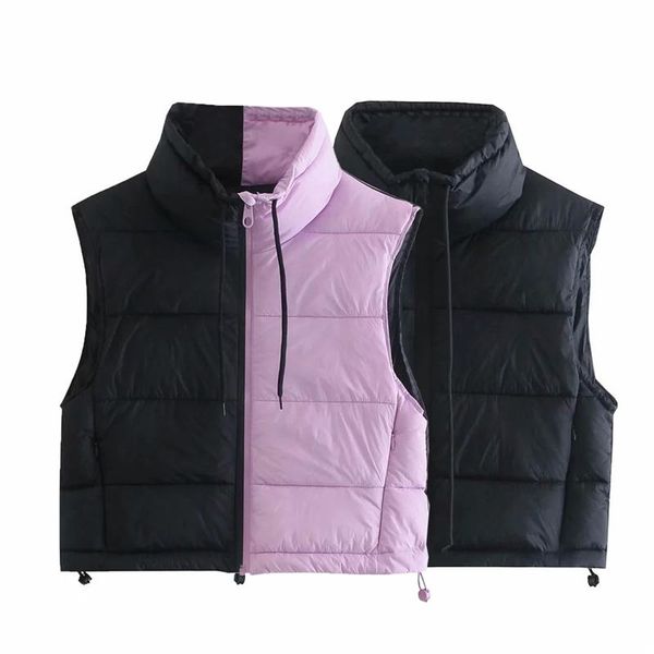 

women's vests woman casual purple patchwork down vest 2021 autumn female drawstring zipper tank ladies sleeveless slim short outwear, Black;white