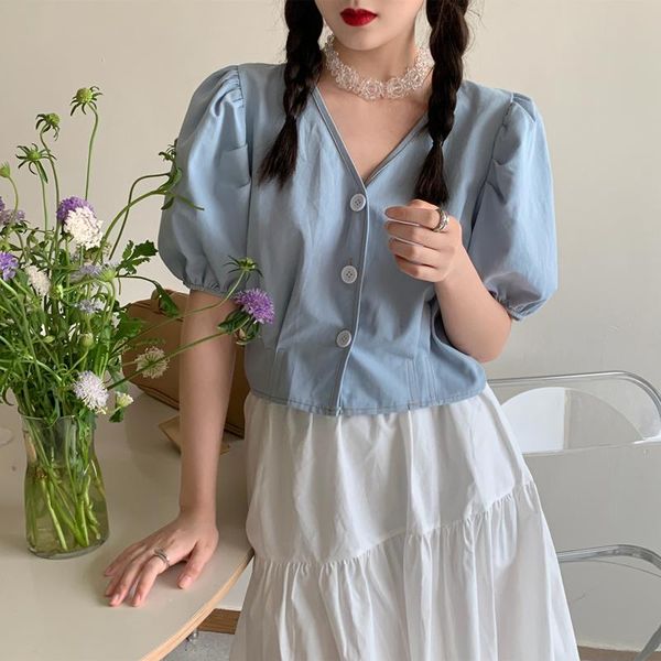 

women's blouses & shirts short-sleeved shirt female summer design sense niche 2021 puff sleeve retro commuter blouse, White
