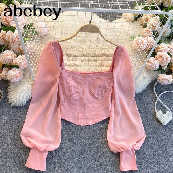 

women's blouses & shirts women fashion korean blouse square collar puff sleeve solid slim 2021 summer streetwear short, White