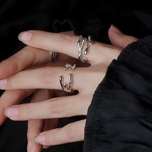 

cluster rings foxanry 925 sterling silver 2021 trendy elegant vintage couples creative irregular lines party jewelry hip hop accessories, Golden;silver