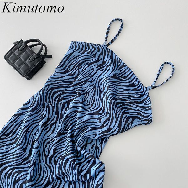 Kimutomo chique zebra padrão vestido mulheres coreano verão elegante cintura alta emagrecimento espaguete cinta mini vestidos feminino 210521