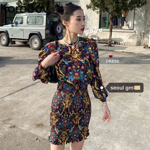 

korobov korean chic retro print chiffon dress high wasit hip skinny vestido o neck lantern long sleeve pleat ropa mujer 210430, Black;gray