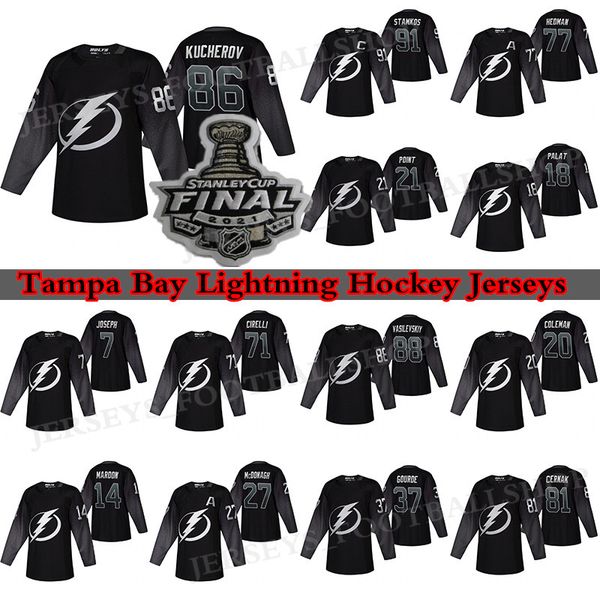 

tampa bay lightning jersey 86 nikita kucherov 77 victor hedman 91 stamkos 21 brayden point 71 anthony cirelli black alternate hockey jerseys, Black;red