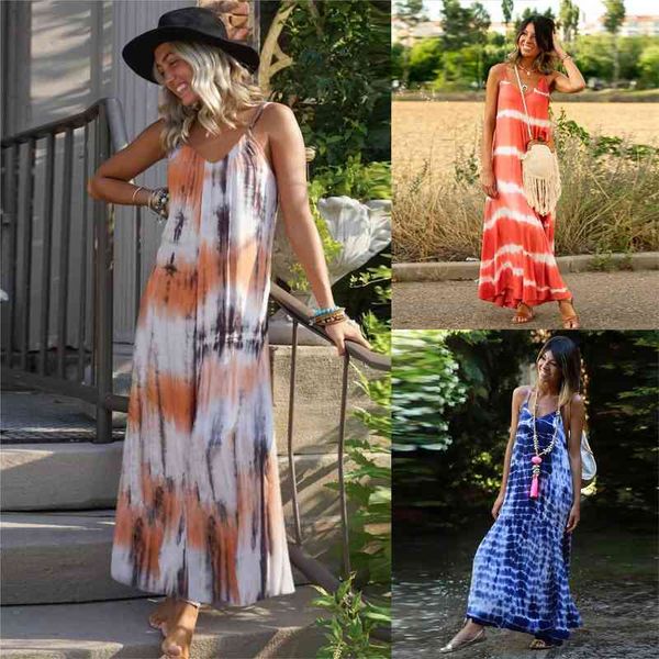 

casual dresses tie dyed suspender swing skirt print loose women's for spring and summer 2022, Black;gray