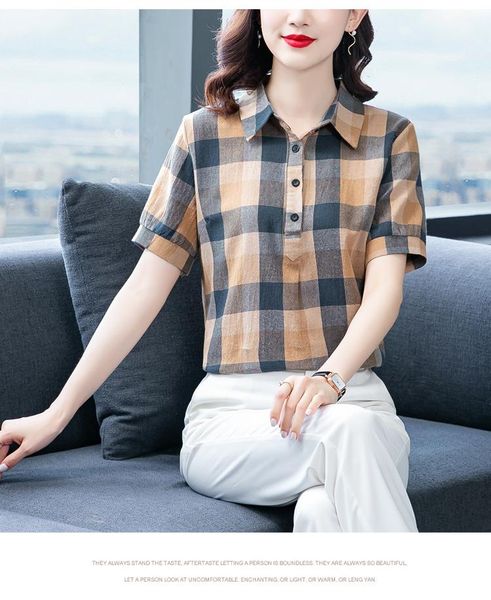 

women's blouses & shirts cotton loose blouse fashion plaid printing buttons casual short sleeve blusas summer houthion, White