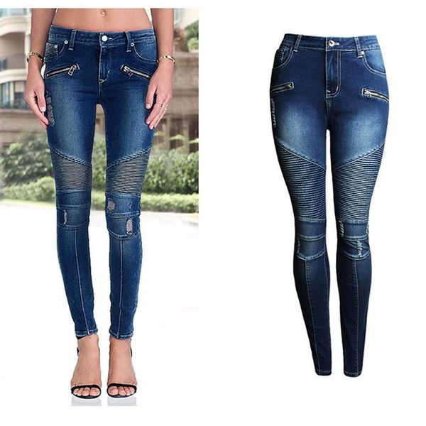 

women's pants & capris woman's motorcycle stitching jeans elastic slimming mid-waist female denim spliced pencil european hole tro, Black;white