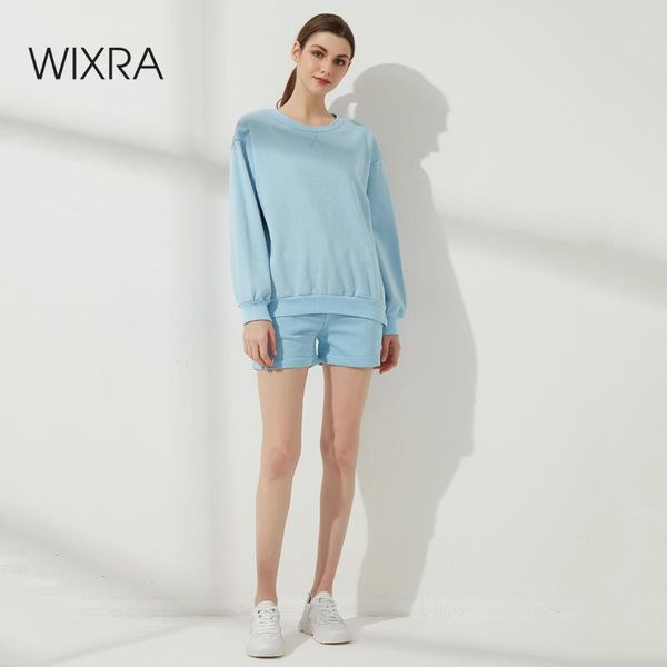 

women's tracksuits wixra womens solid casual sets o neck elastic waist drawstring shorts spring summer basic sweatshirts suits, Gray