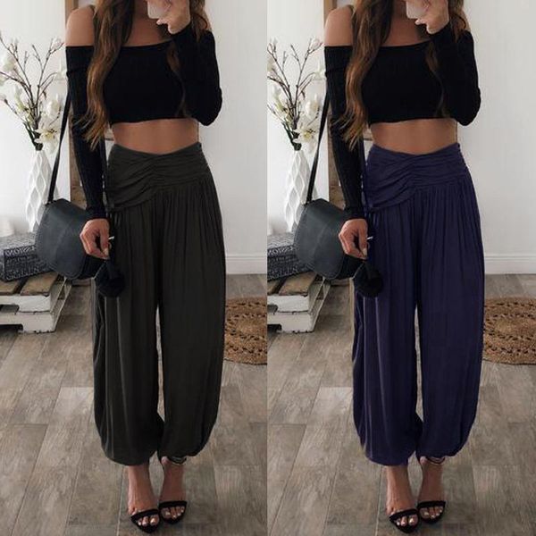 

women's pants & capris celmia 2021 women loose pleated high waist elastic harem pant casual lady office long trouser summer palazzo plu, Black;white