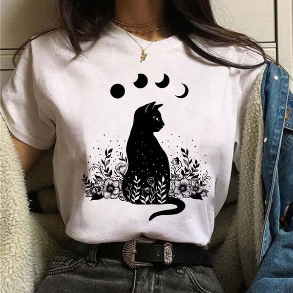 

women's t-shirt maycaur moon cat funny animal shirts for women female cartoon graphic tee short sleeve summer shirt gift, White