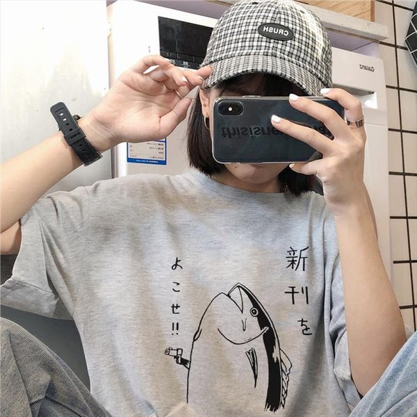 

summer kawaii fun cute women basic fish pattern japanese cartoon harajuku ulzzang wild vintage loose chic casual t shirt, White