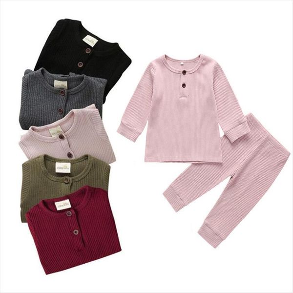 

baby boys girls ribbed termal clothing set kids pajamas children solid black suits girl clothes 35, White