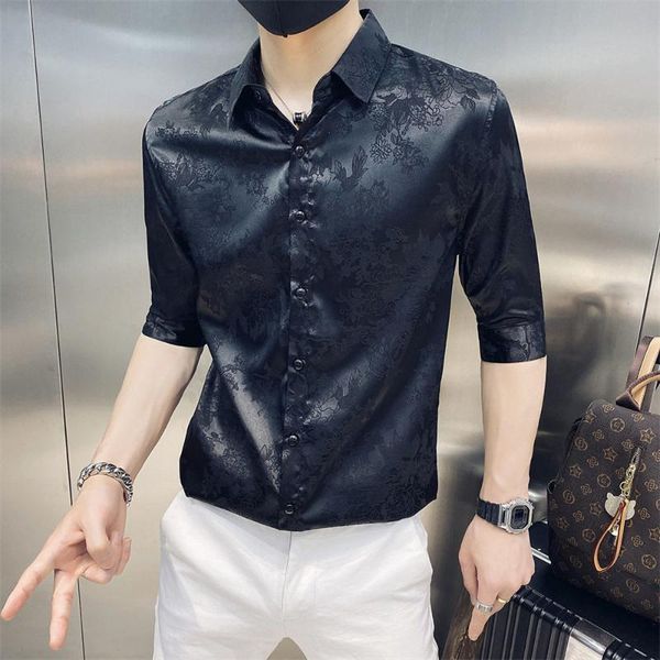 

men's casual shirts summer lace print men fashion loose half sleeve streetwear shirt male social party nightclub chemise homme, White;black