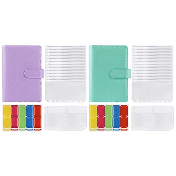 

gift wrap 2set 14 binder bags a6 with leather cover, 6 rings budget cash envelope (purple&green)