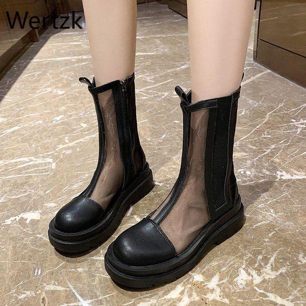 

punk thick bottom casual shoes women pu leather +mesh spring summer boots ankle, Black