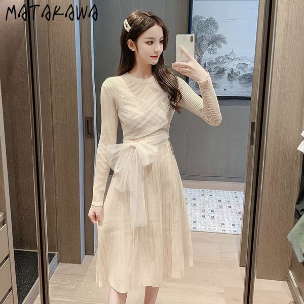 

matakawa spring o-neck femme robe mesh stitching vestido feminino a-line knit sweater dress french midi dresses for women 210513, Black;gray