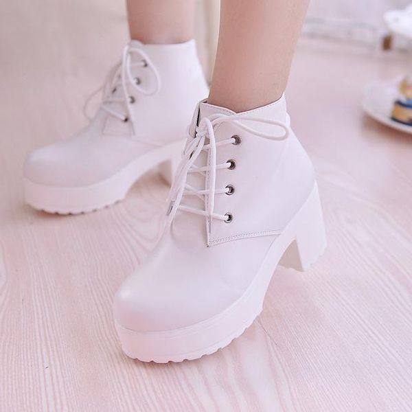 

foreign trade size women's boots short tube thick with waterproof platform lace punk 45 yards leather women, Black