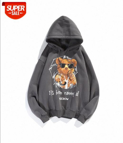 

street trend casual tide bear printing sweater plus velvet thick hoodie foreign trade men's clothing #aq6g, Black