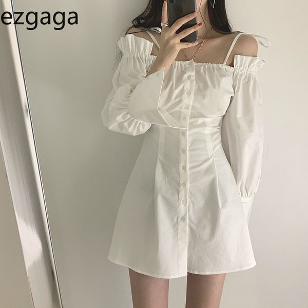 

ezgaga mini dress women autumn slash neck long sleeve single-breasted spaghetti strap ladies bodycon solid elegant vestidos 210430, Black;gray