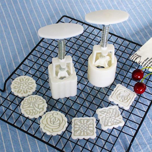 

baking moulds round flower mooncake mold set mid autumn festival diy hand pressure fondant moon cake mould kitchen decoration tool