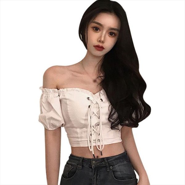 

summer off shoulder womens shirts short sleeve ruffle vintage with puff sleeves lace up ladies bandage crop, White