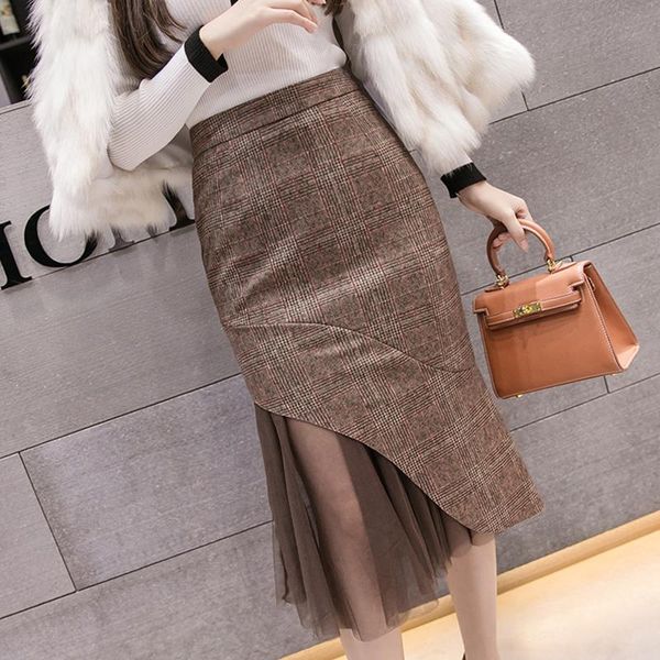 

skirts 2021 autumn winter women high waist irregular skirt female mesh patchwork plaid pencil midi ladies elegant saias x03, Black