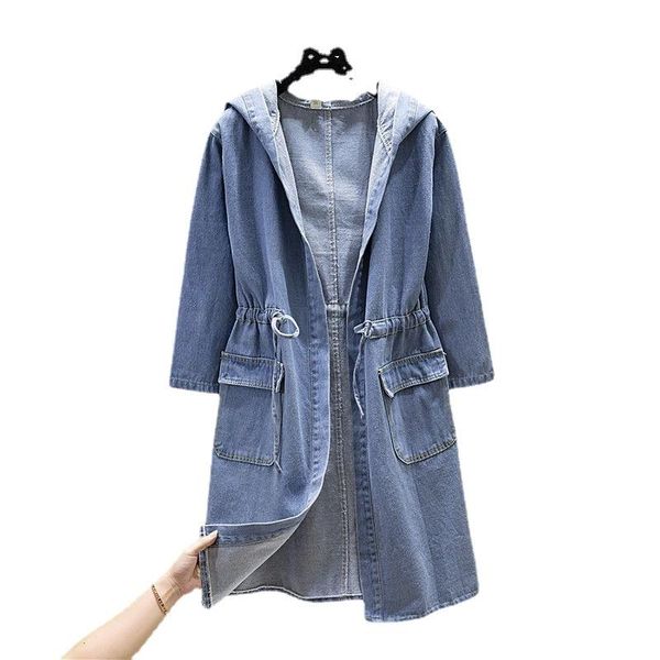 

women's trench coats denim blue cardigan women hooded casual loose long midi pockets full sleeve drop shoulder fall spring outerwear, Tan;black