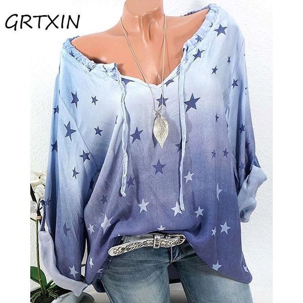 

women's blouses & shirts women v neck adjustable long sleeve star printed loose work elegant gradient color blouse drawstring shirt plu, White