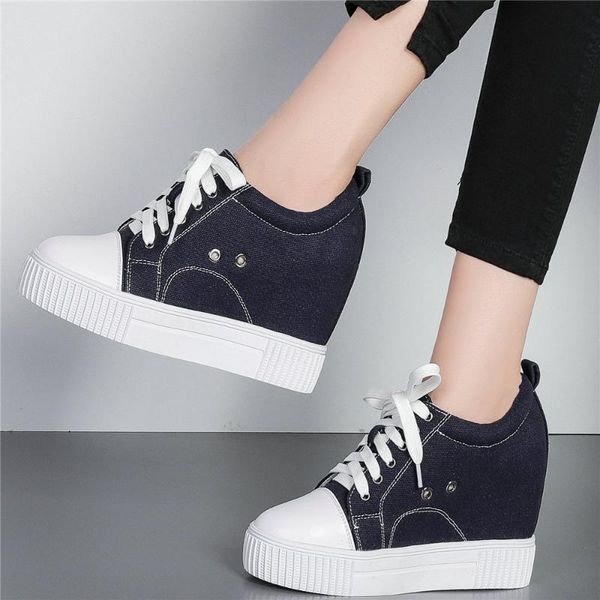 

boots 10cm high heel fashion sneakers women lace up genuine leather wedges ankle female canvas round toe creepers casual shoes, Black