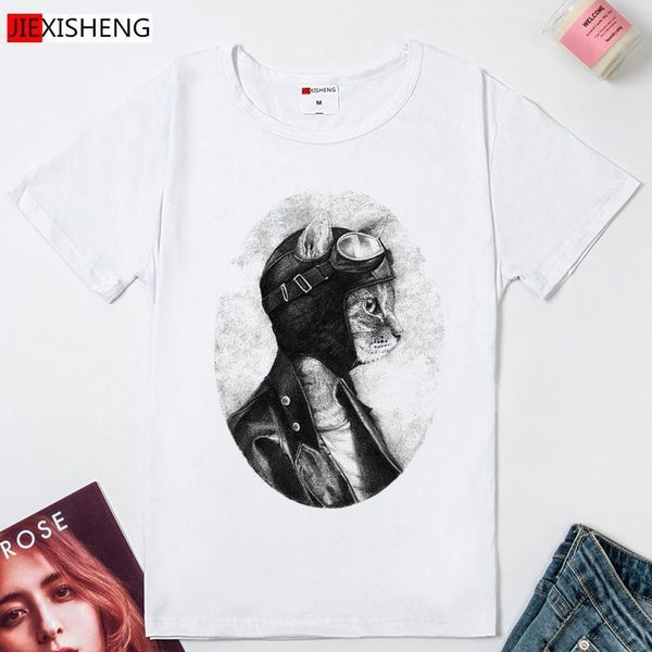 

retro style funny cat pilot womens print summer clothing white casual short sleeve cap o neck